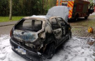 Bombeiros combatem incêndio em veículo em Orleans