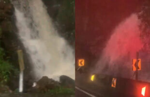 Grande volume de chuva provoca “cachoeira” na Serra do Rio do Rastro