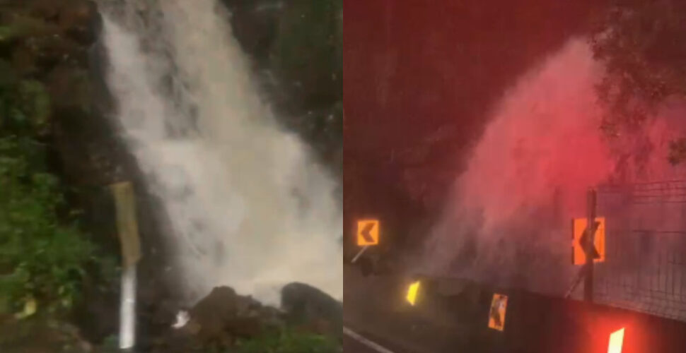 Grande volume de chuva provoca “cachoeira” na Serra do Rio do Rastro