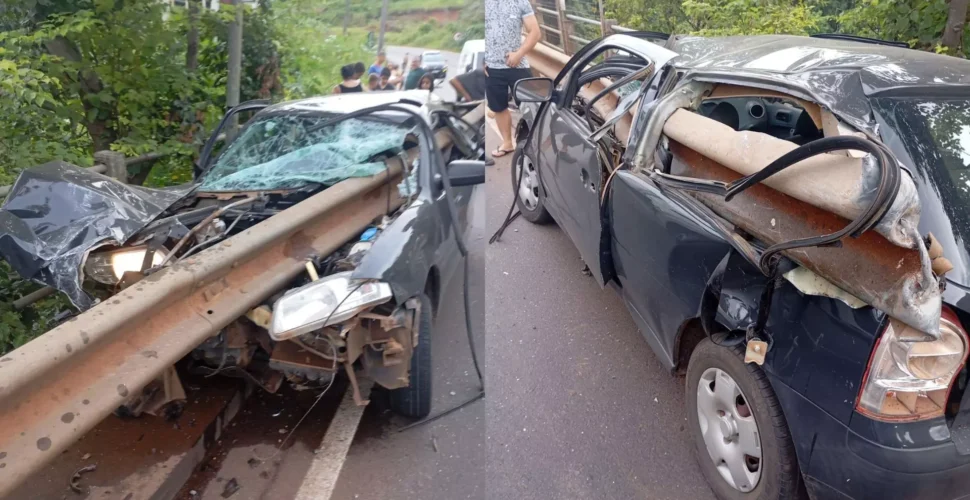 Carro é ‘atravessado’ por guard-rail