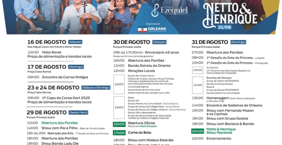 Orleans explode em festa: 30 dias de celebração pelos 112 anos com shows nacionais, gastronomia e esportes!