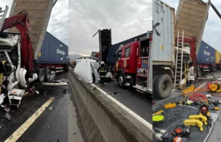 Acidente com três caminhões deixa seis feridos e mobiliza resgate aéreo na BR-470