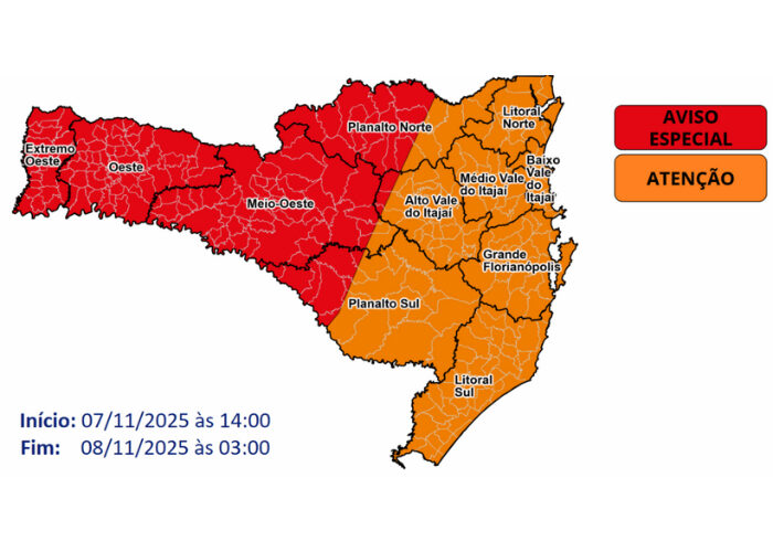 Defesa Civil emite alerta máximo para tempestades severas em Santa Catarina