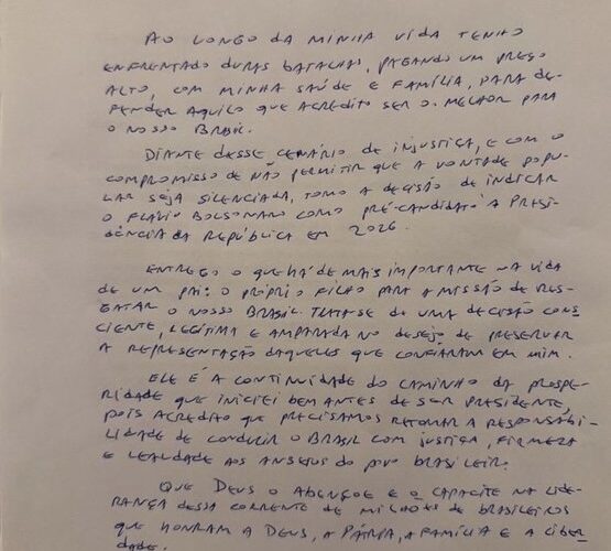 Carta da prisão: Bolsonaro indica Flávio como pré-candidato à Presidência em 2026