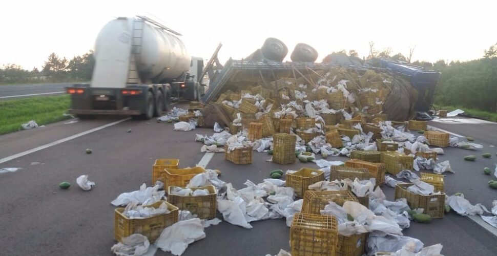 Tombo de caminhão espalha mamões e interdita pista na BR-101
