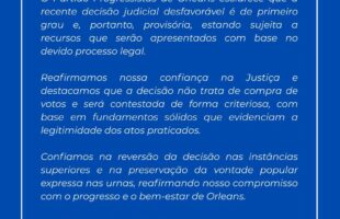 Progressistas de Orleans contestam decisão judicial e afirmam que caso ainda é provisório