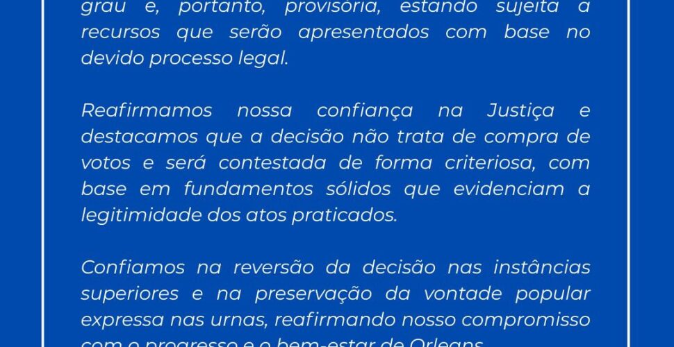 Progressistas de Orleans contestam decisão judicial e afirmam que caso ainda é provisório