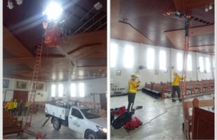 Bombeiros resgatam trabalhador preso a 10 metros de altura no telhado de igreja em Tubarão