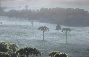 Vale dos Caminhos da Neve amanhece coberto de gelo na Serra catarinense