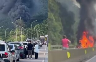 Caminhão em chamas bloqueia BR-101 no Morro dos Cavalos