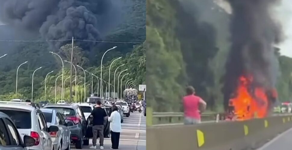 Caminhão em chamas bloqueia BR-101 no Morro dos Cavalos