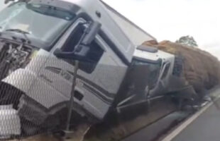 Caminhão com 19 toneladas de melancias tomba após batida na BR-101, em SC