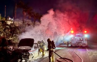 Bombeiros combatem incêndio em carro após colisão na SC-446, em Treviso