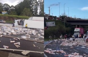 Carreta tomba na BR-282 e carga de carne é saqueada por populares em Xanxerê