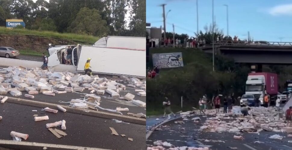 Carreta tomba na BR-282 e carga de carne é saqueada por populares em Xanxerê