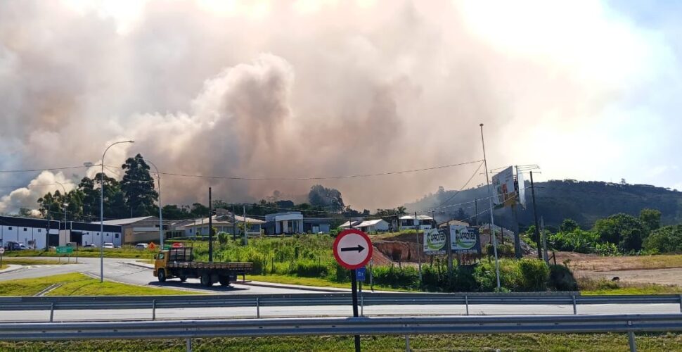 Incêndio na BR-101 em Sangão mobiliza bombeiros com vento forte e risco a motoristas