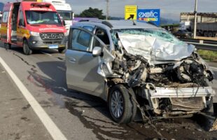 Colisão entre carro e caminhão-tanque mobiliza bombeiros na BR-101
