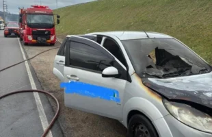 Carro é destruído por incêndio às margens da BR-101 em Tubarão