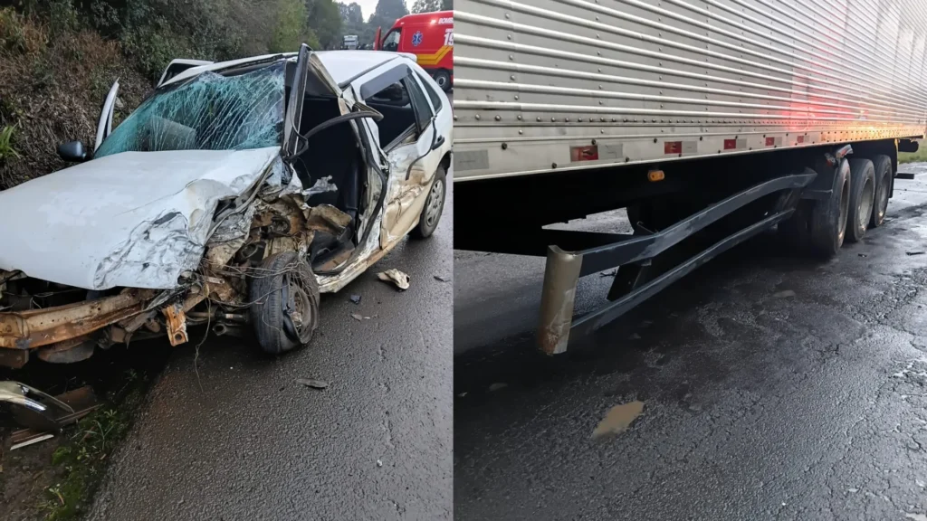 Bebê de seis meses morre após colisão entre carro e carreta na BR-470, em Brunópolis