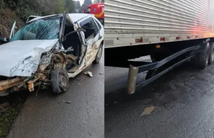 Bebê de seis meses morre após colisão entre carro e carreta na BR-470, em Brunópolis