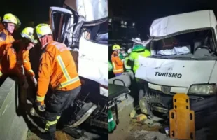 Van com passageiros que voltavam da Oktoberfest colide com caminhão na BR-101, em Itapema